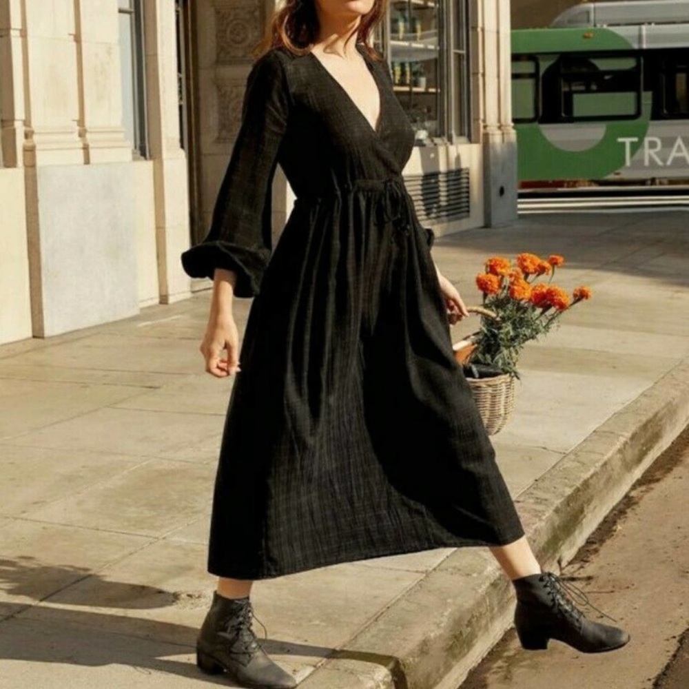 Christy Dawn Willa Black Long Sleeve V-Neck Midi Dress In Noir Checker XL